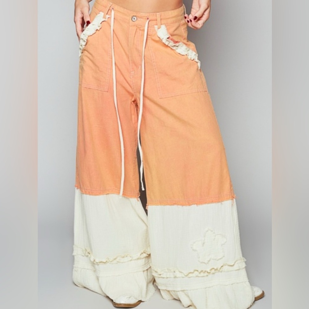 NWOT POL Twil Wide Leg Orange and Cream Drawstring Pants